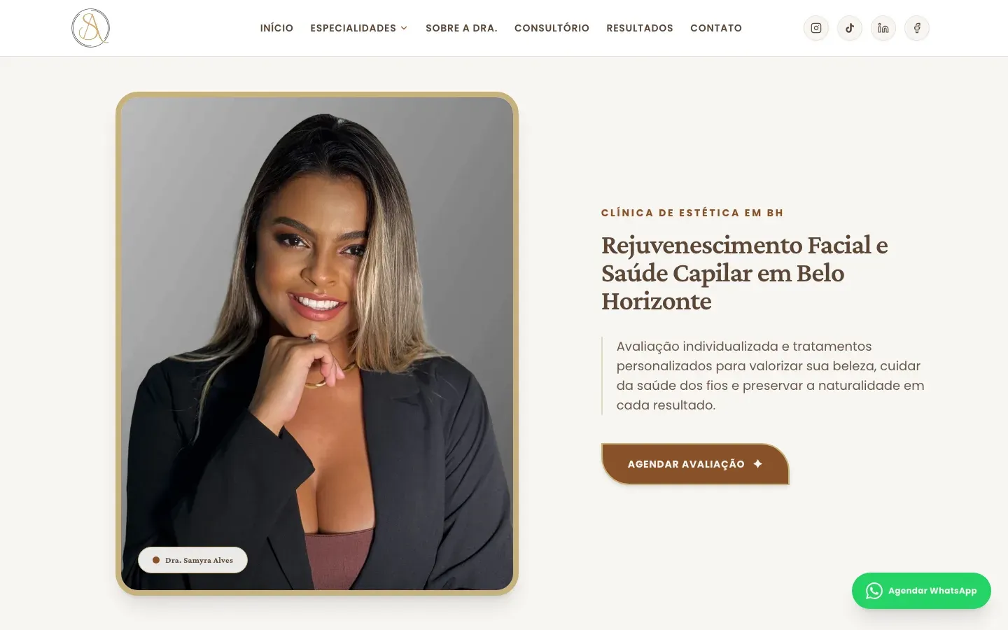 Página inicial do site Dra. Samyra Alves no computador