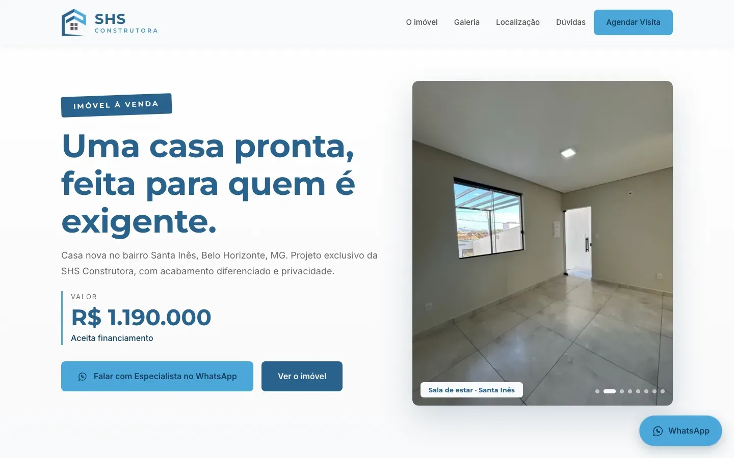 Página inicial do site SHS Construtora no computador
