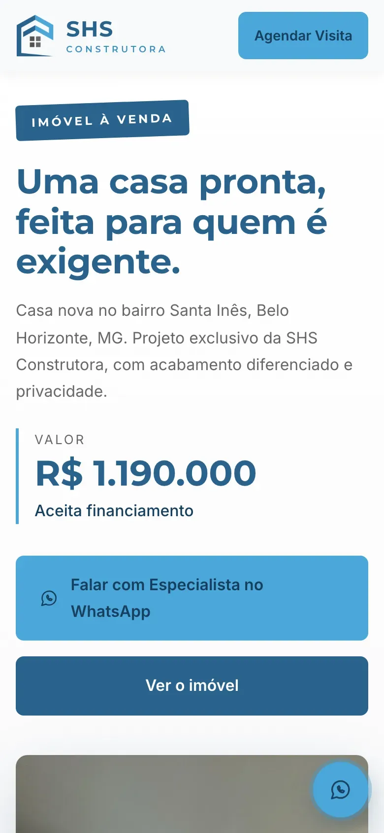 Site SHS Construtora no celular